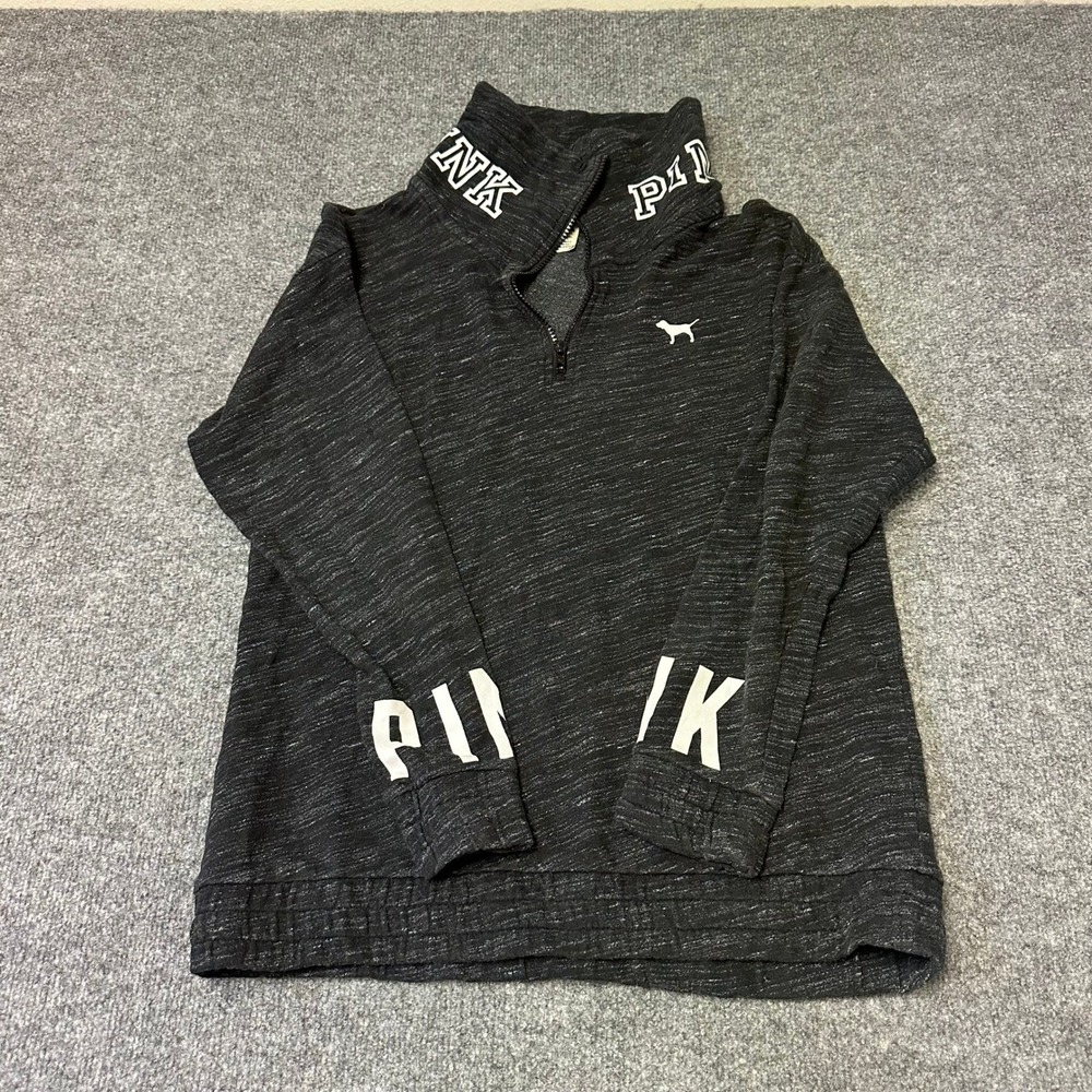 PINK Pullover Womens Size S Black Marl Quarter Zip Logo Graphic Sweatshirt